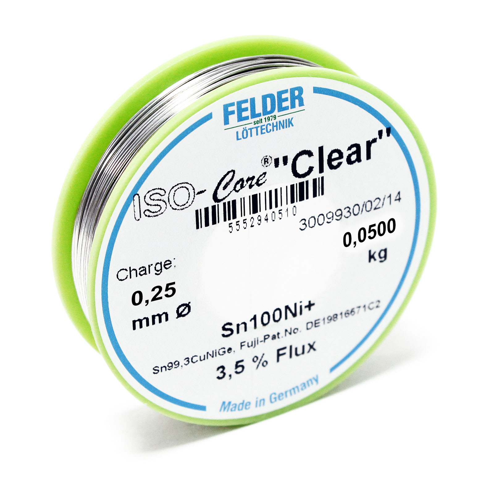Felder Lötdraht ISO-Core "Clear" Sn100Ni+ Sn99,3CuNiGe 0.25mm 0.05kg